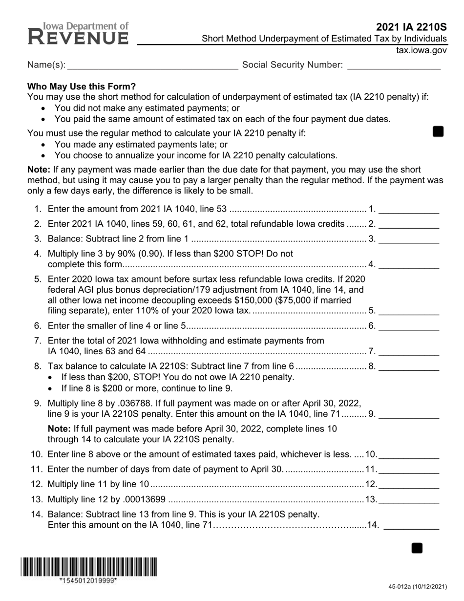 Form IA2210S (45-012) Short Method Underpayment of Estimated Tax by Individuals - Iowa, Page 1