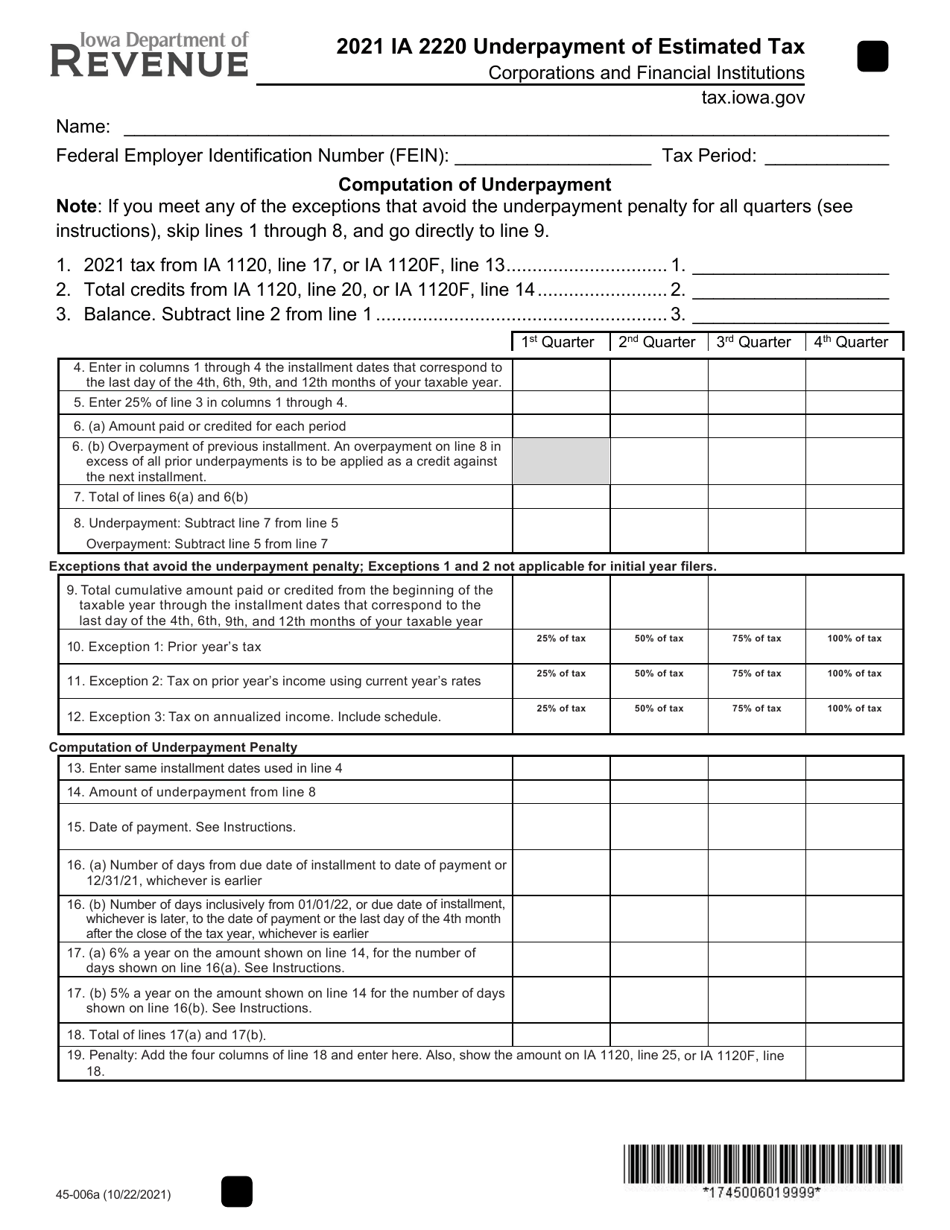 Form IA2220 (45-006) Underpayment of Estimated Tax - Corporations and Financial Institutions - Iowa, Page 1