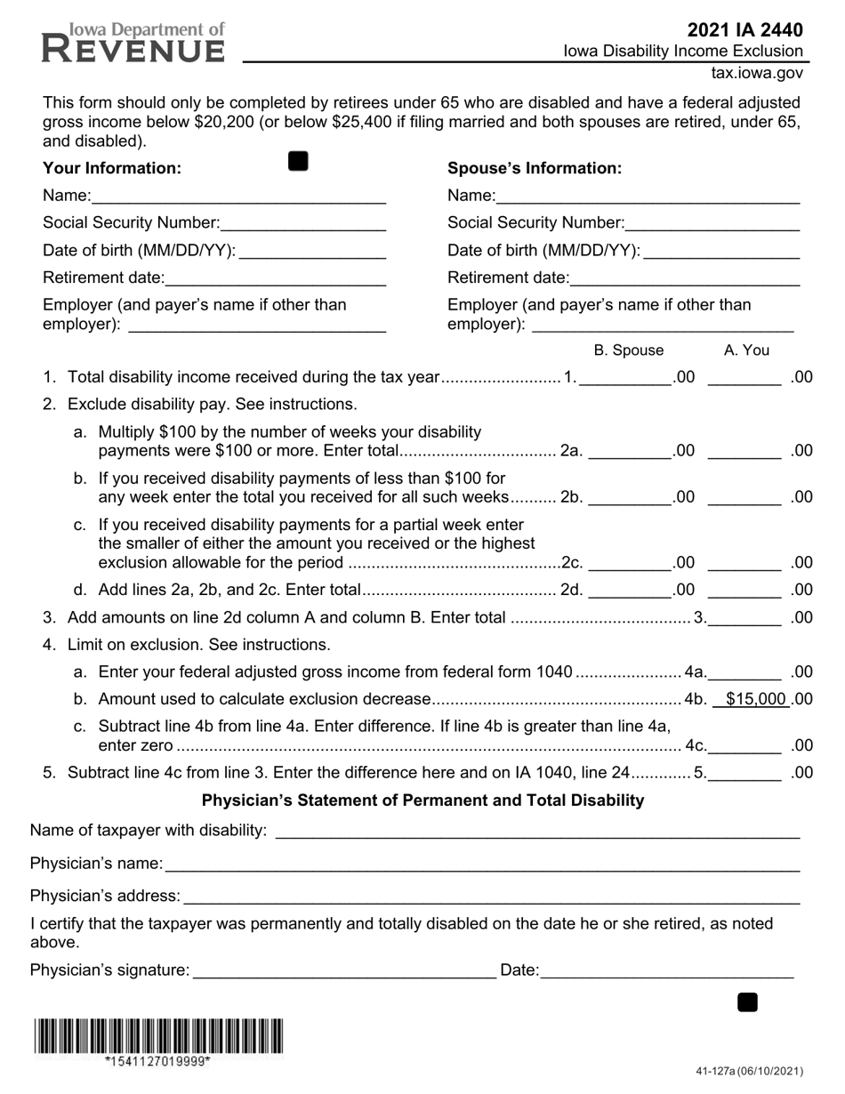 Form IA2440 (41-127) Iowa Disability Income Exclusion - Iowa, Page 1