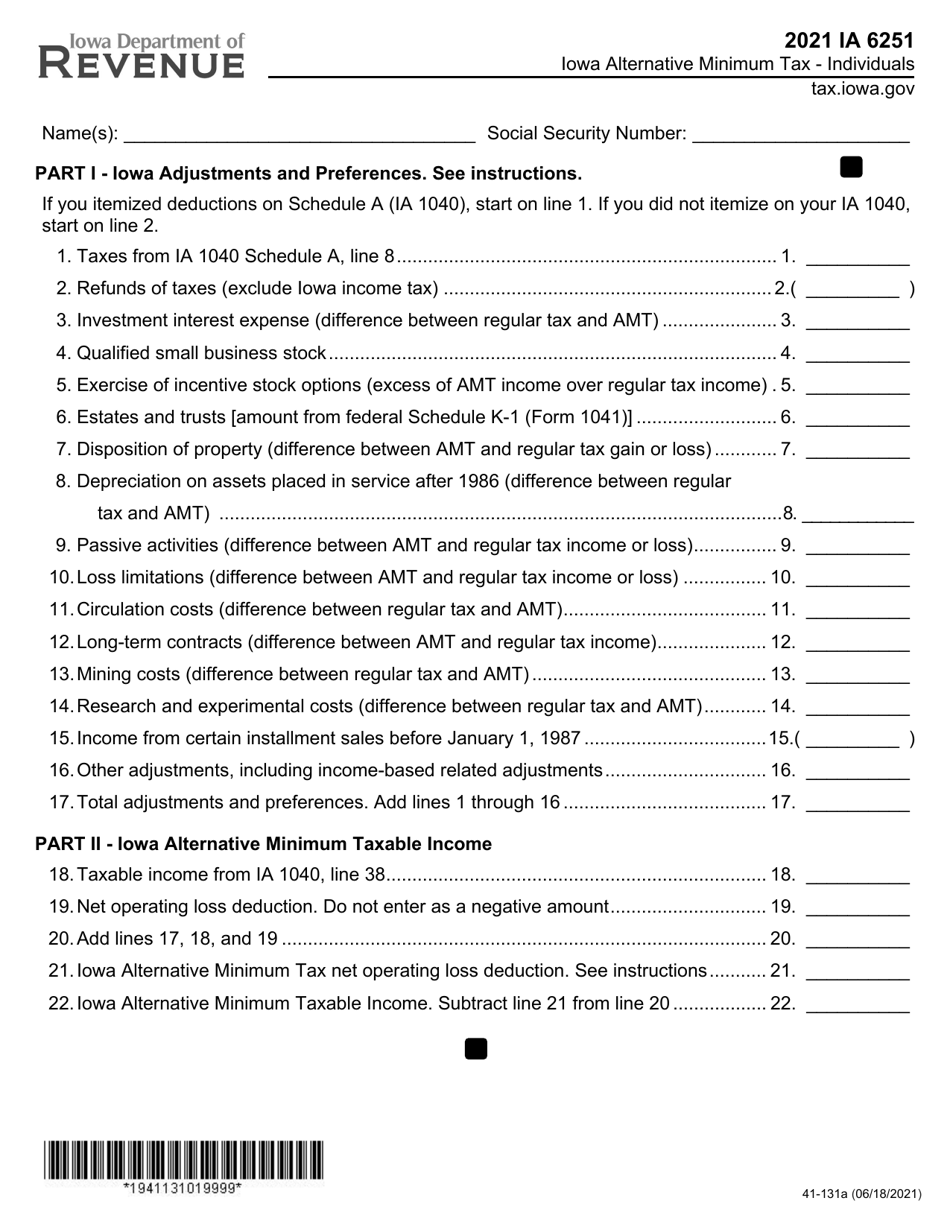 Form IA6251 (41-131) Iowa Alternative Minimum Tax - Individuals - Iowa, Page 1