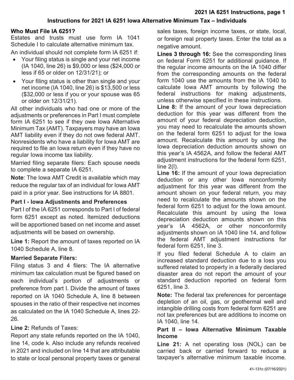 Form IA6251 (41-131) Iowa Alternative Minimum Tax - Individuals - Iowa, Page 3