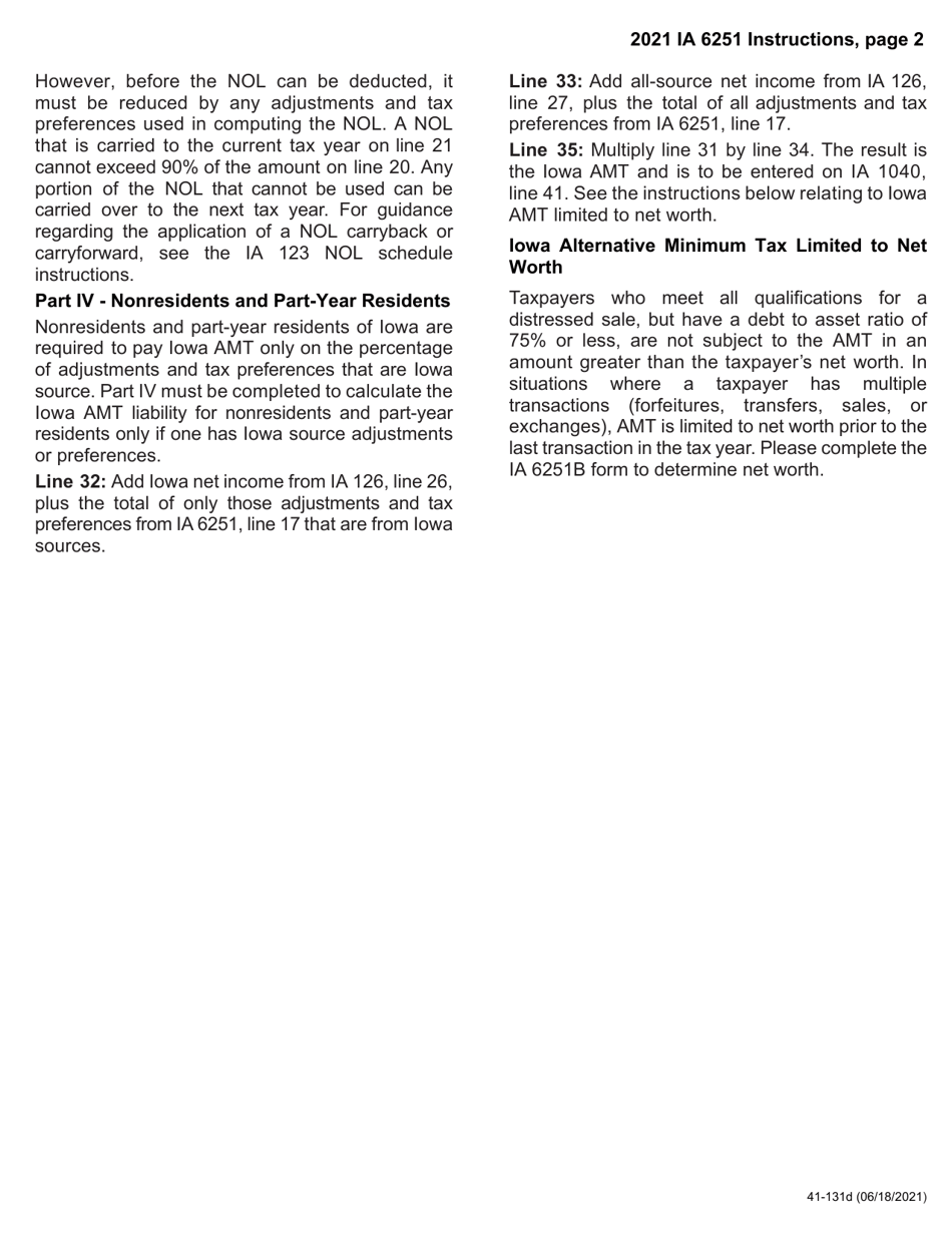 Form IA6251 (41-131) Iowa Alternative Minimum Tax - Individuals - Iowa, Page 4