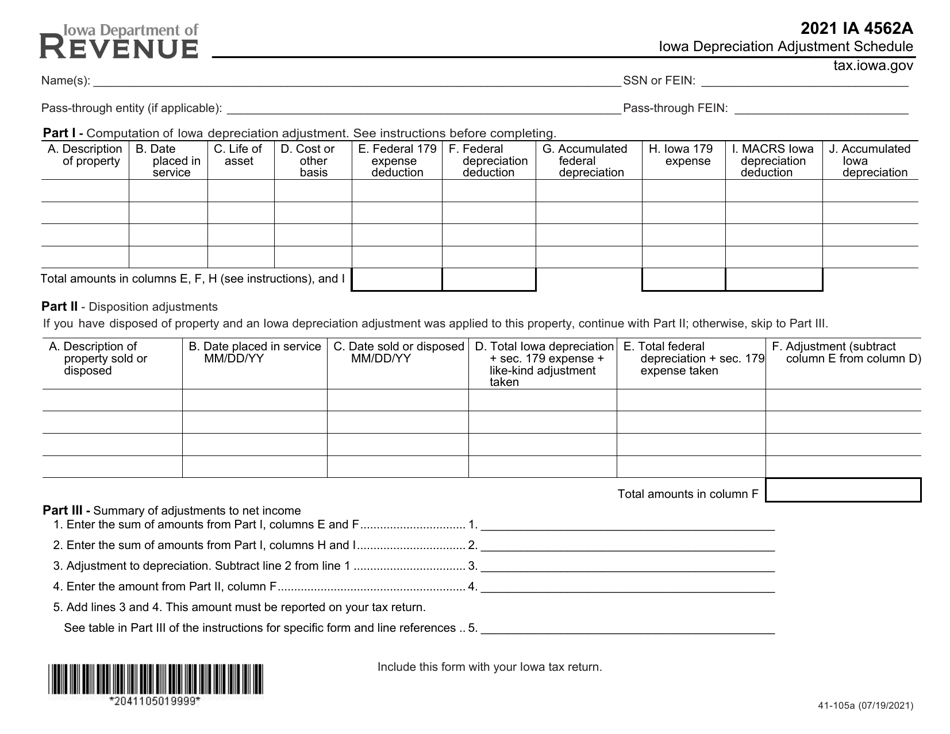 Form IA4562A (IA4562B; 41-105) Iowa Depreciation Adjustment Schedule / Iowa Accumulated Depreciation Adjustment Schedule - Iowa, Page 1