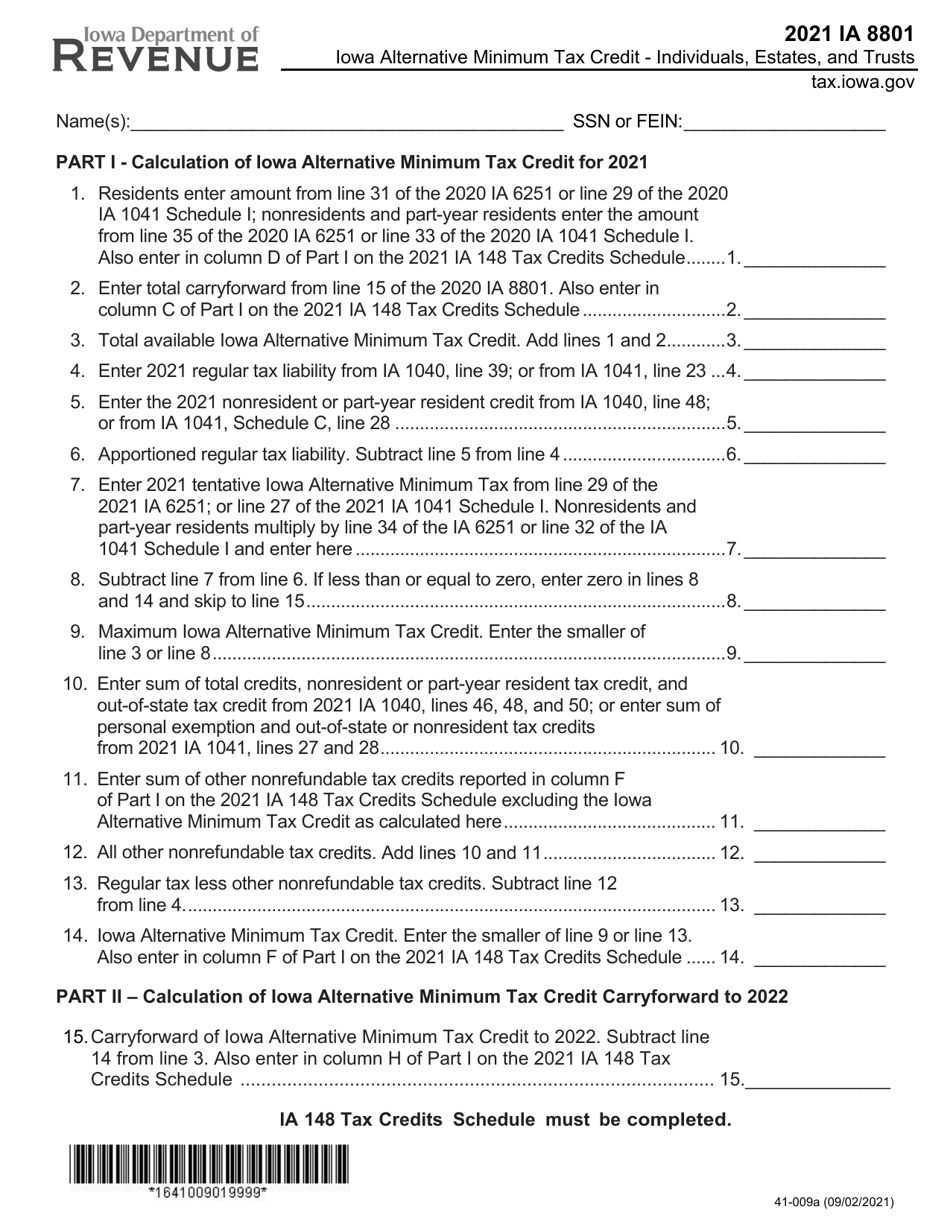 Form IA8801 (41-009) Iowa Alternative Minimum Tax Credit - Individuals, Estates, and Trusts - Iowa, Page 1