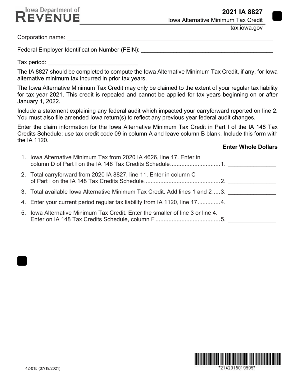 Form IA8827 (42-015) Corporate Iowa Alternative Minimum Tax Credit - Iowa, Page 1