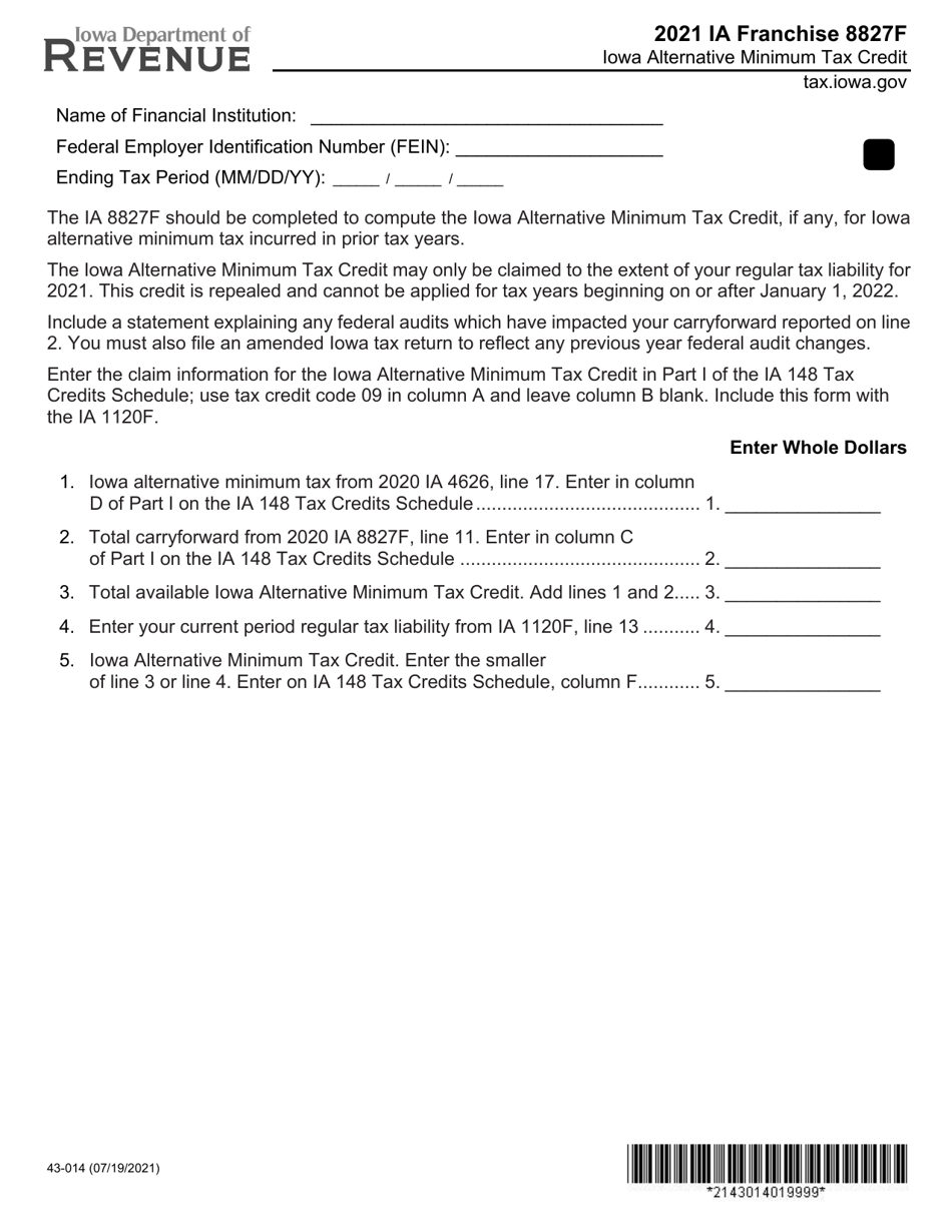 Form IA8827F (43-014) Iowa Alternative Minimum Tax Credit - Iowa, Page 1