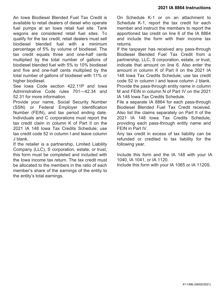 Form IA8864 (41-149) Iowa Biodiesel Blended Fuel Tax Credit - Iowa, Page 2