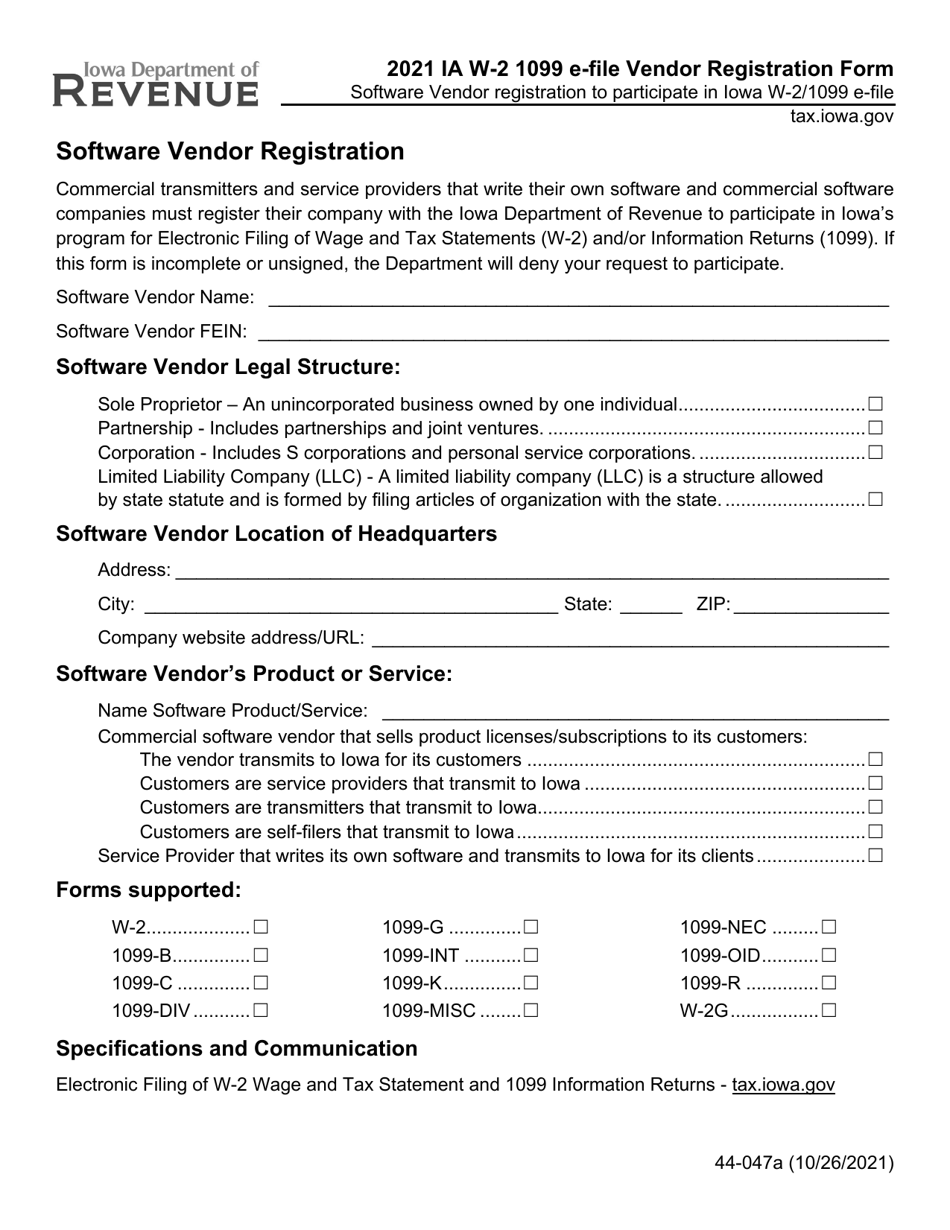 Form IA W-2 1099 (44-047) E-File Vendor Registration Form - Iowa, Page 1