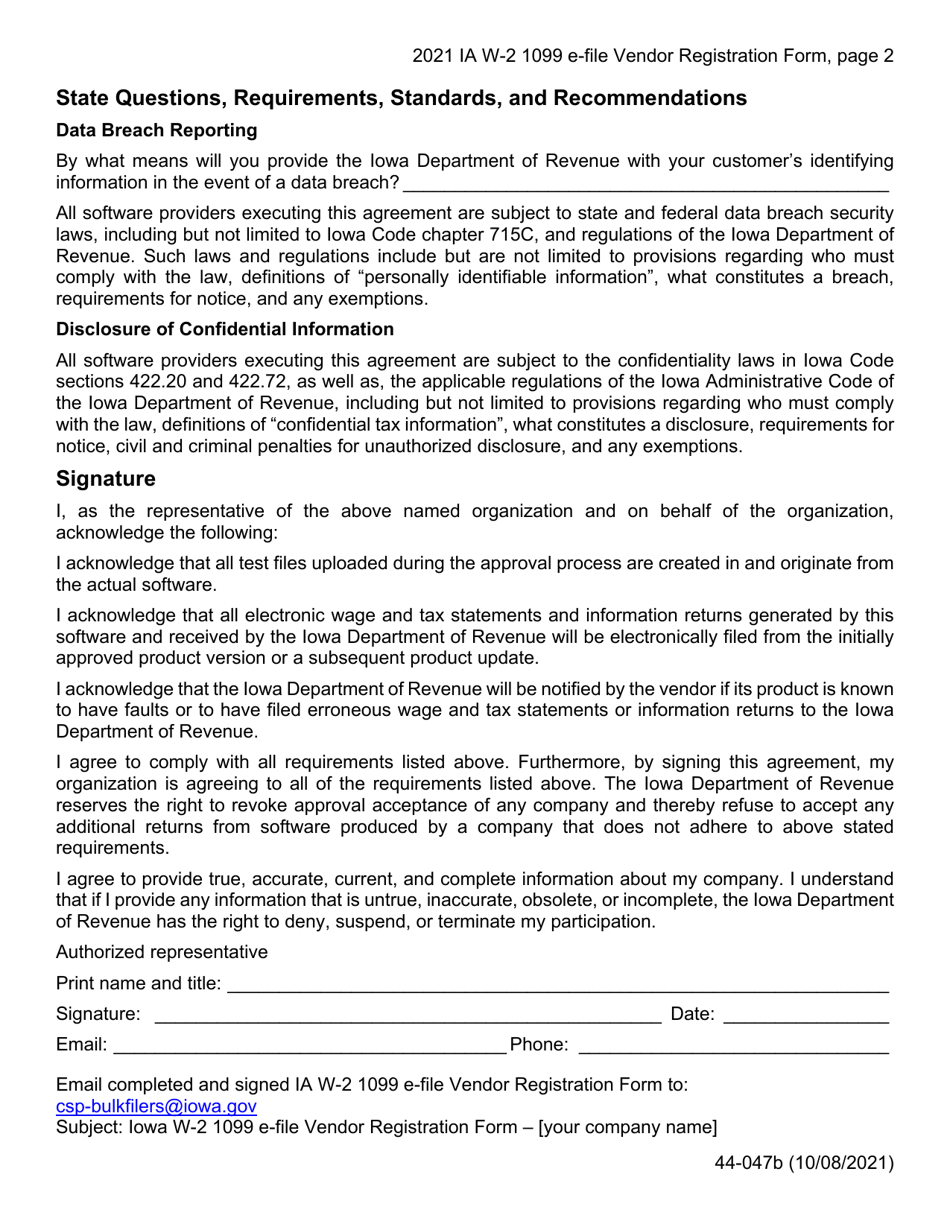 Form IA W-2 1099 (44-047) E-File Vendor Registration Form - Iowa, Page 2