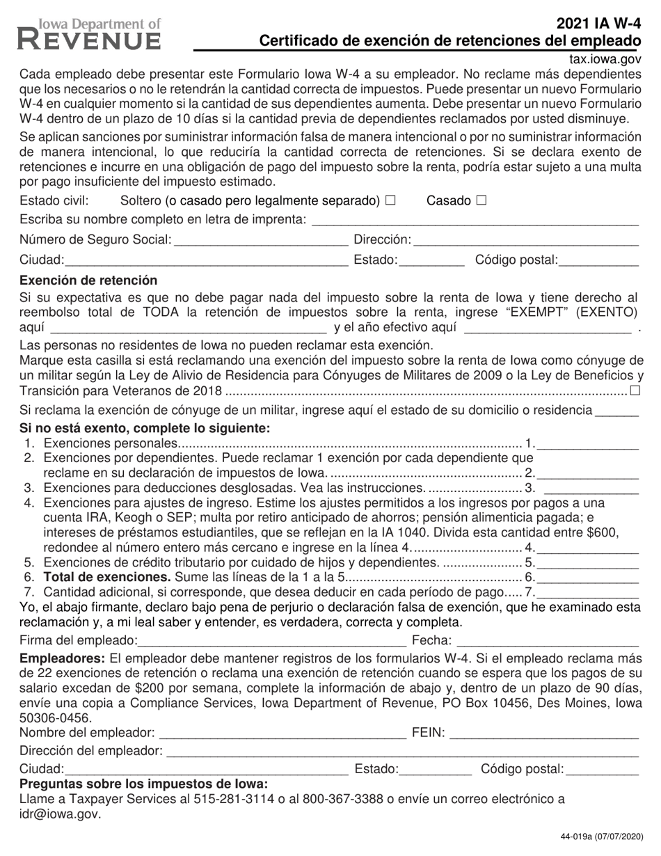 Formulario IA W-4 (44-019S) Certificado De Exencion De Retenciones Del Empleado Y Formulario De Reporte Del Registro Centralizado De Empleados - Iowa (Spanish), Page 1