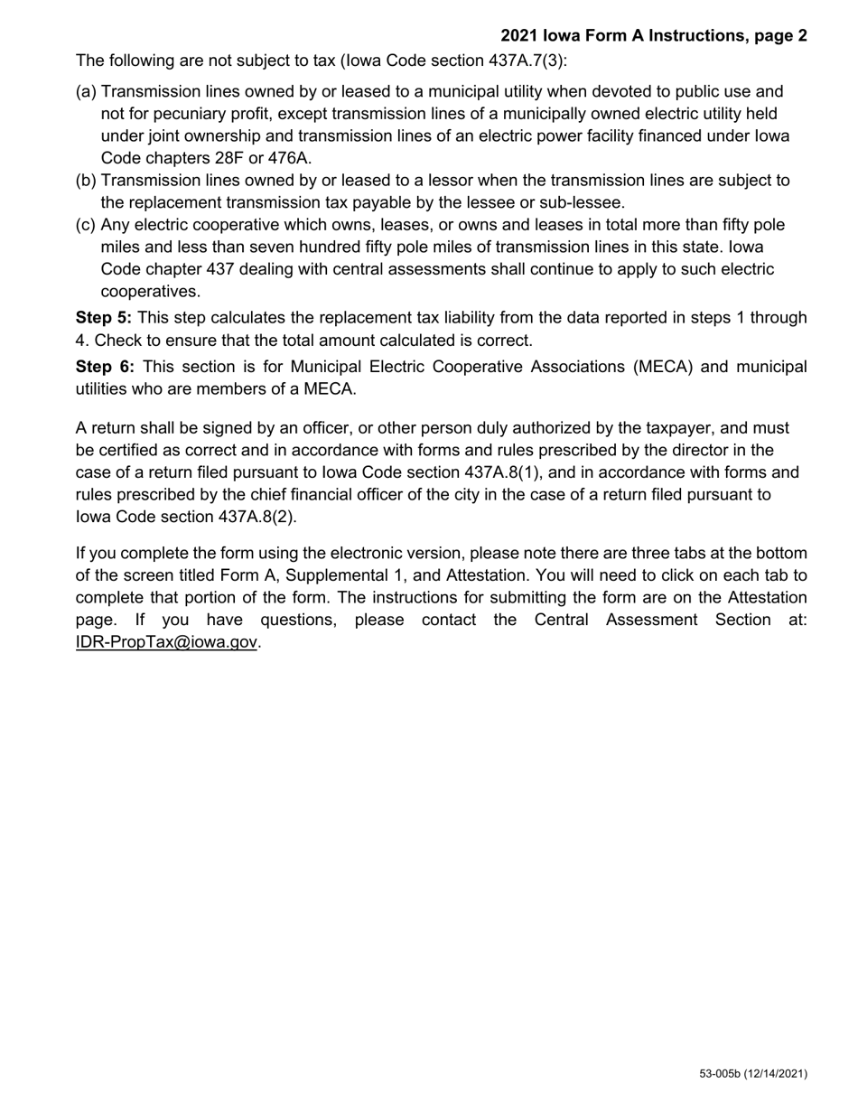 Instructions for Form A, 53-004 Iowa Replacement Tax Form - Electric Delivery, Generation  Transmission - Iowa, Page 2