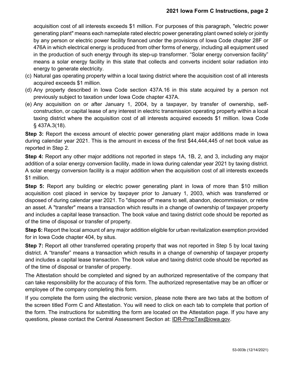 Instructions for Form C, 53-002 Iowa Replacement Tax Form - Adjustment to Assessed Value - Iowa, Page 2