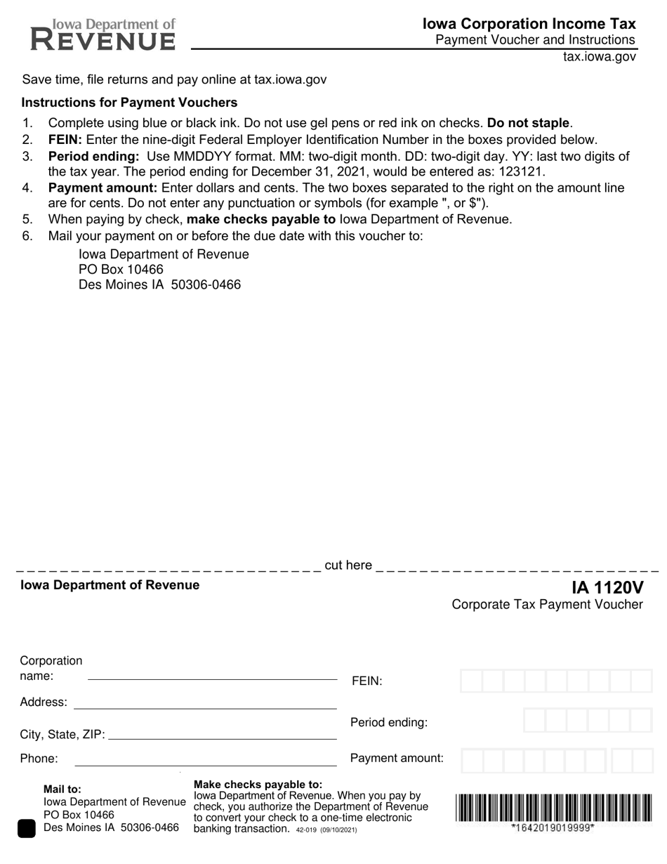 Form IA1120V (42-019) Corporation Income Tax Payment Voucher - Iowa, Page 1