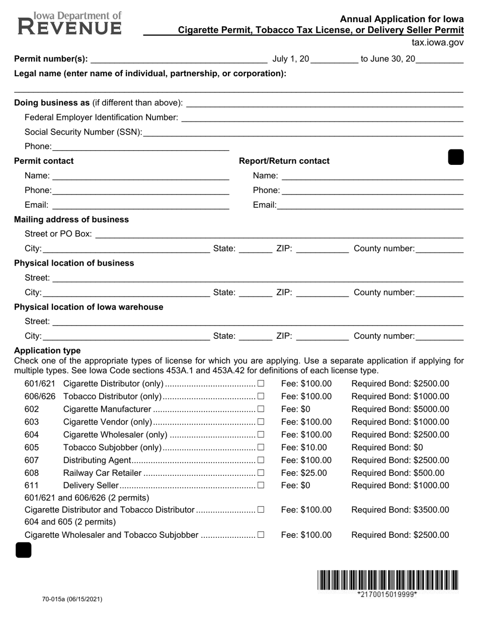 Form 70-015 Annual Application for Iowa Cigarette Permit, Tobacco Tax License, or Delivery Seller Permit - Iowa, Page 1