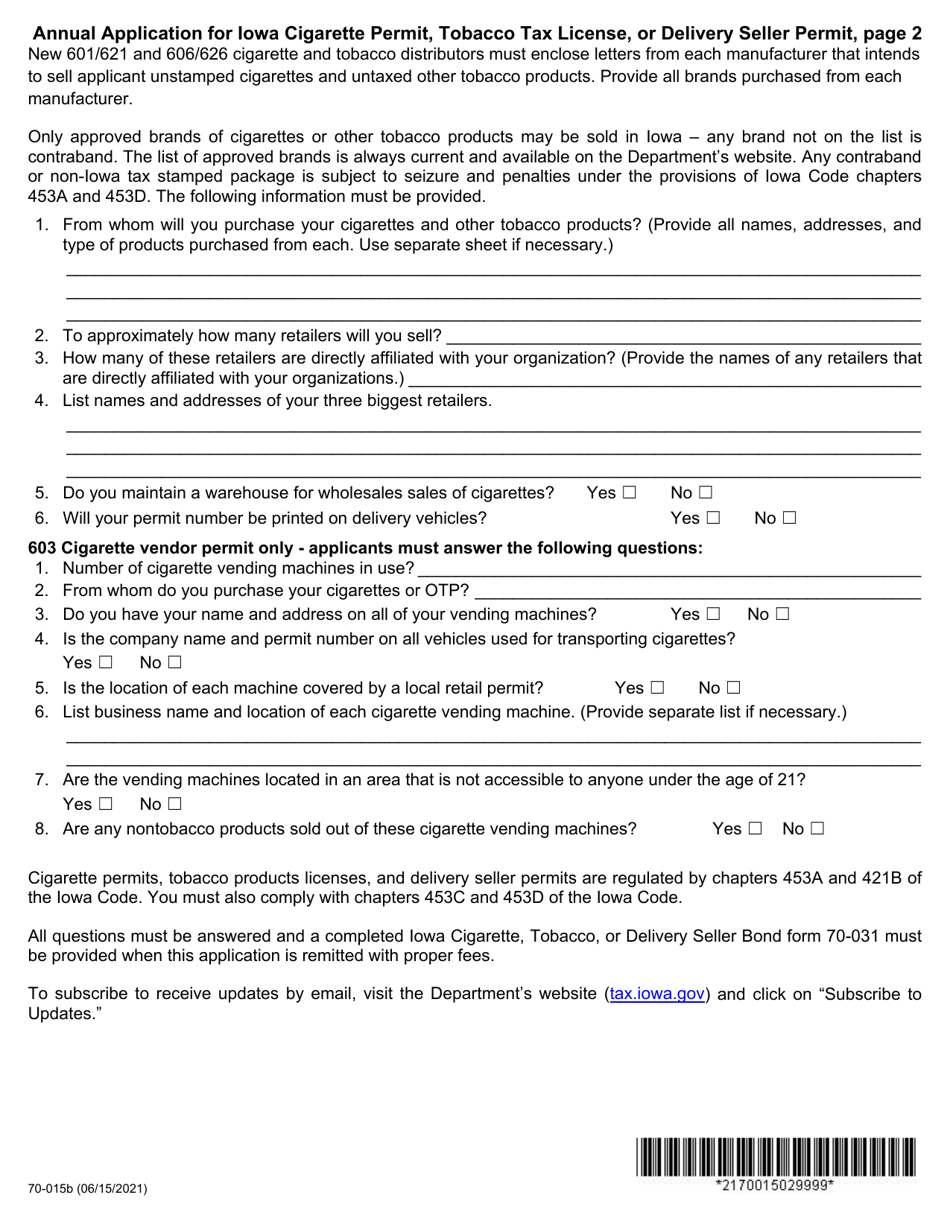 Form 70-015 Annual Application for Iowa Cigarette Permit, Tobacco Tax License, or Delivery Seller Permit - Iowa, Page 2