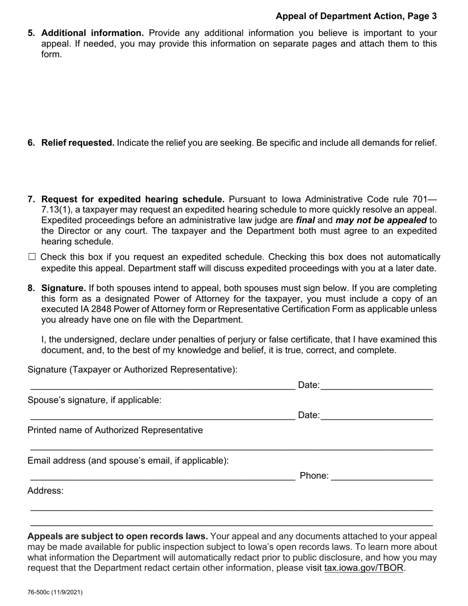 Form 76-500 Appeal of Department Action - Iowa, Page 3