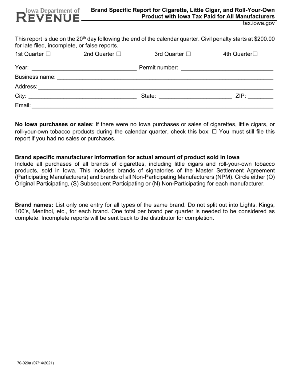 Form 70-020 Brand Specific Report for Cigarette, Little Cigar, and Roll-Your-Own Product With Iowa Tax Paid for All Manufacturers - Iowa, Page 1