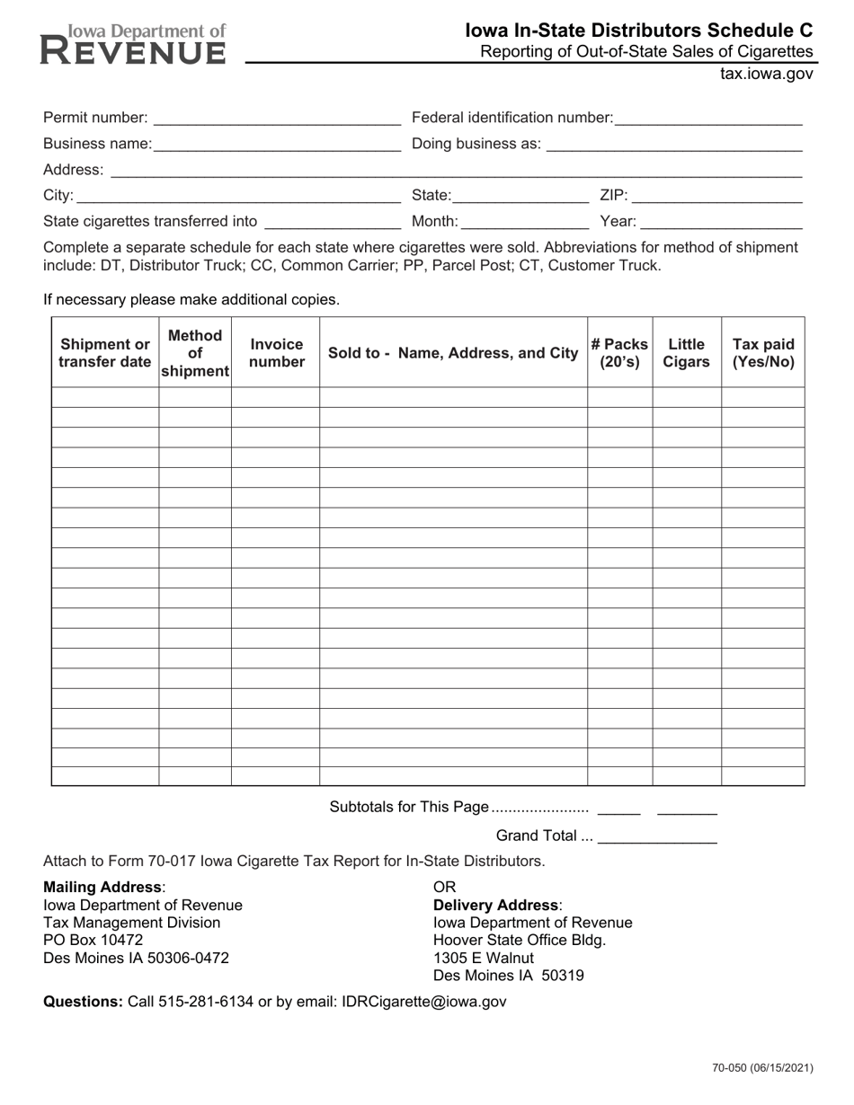 Form 70-050 Schedule C Iowa in-State Distributors - Reporting of Out-of-State Sales of Cigarettes - Iowa, Page 1