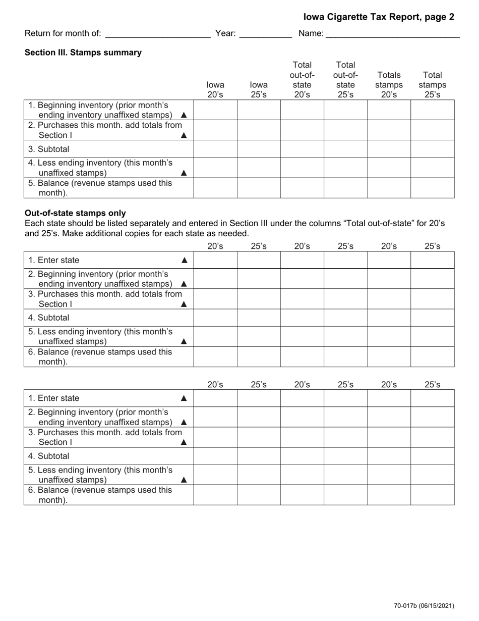 Form 70-017 Iowa Cigarette Tax Report for in-State Distributors - Iowa, Page 2