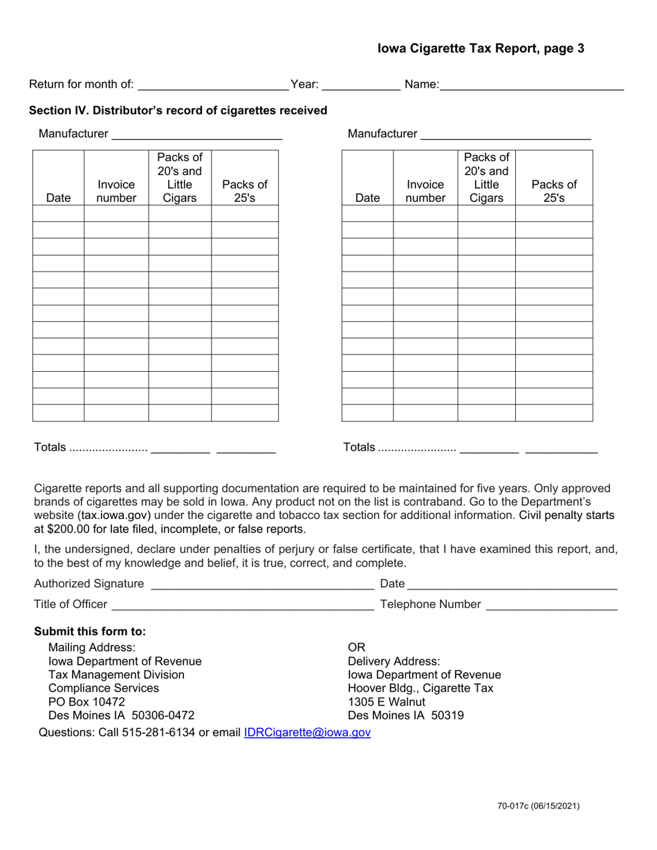 Form 70-017 Iowa Cigarette Tax Report for in-State Distributors - Iowa, Page 3