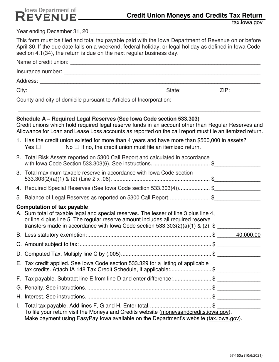 Form 57-150 Credit Union Moneys and Credits Tax Return - Iowa, Page 1