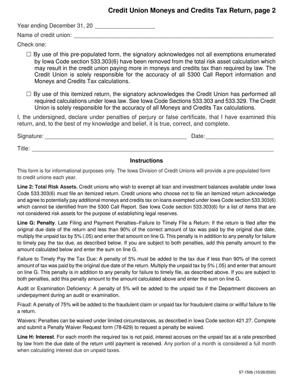 Form 57-150 Credit Union Moneys and Credits Tax Return - Iowa, Page 2