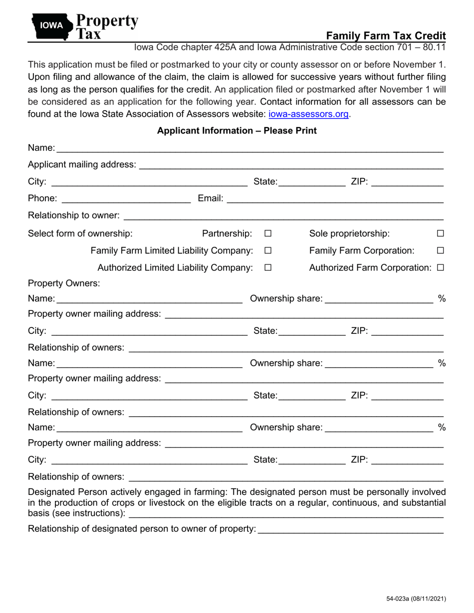 Form 54-023 Family Farm Tax Credit - Iowa, Page 1