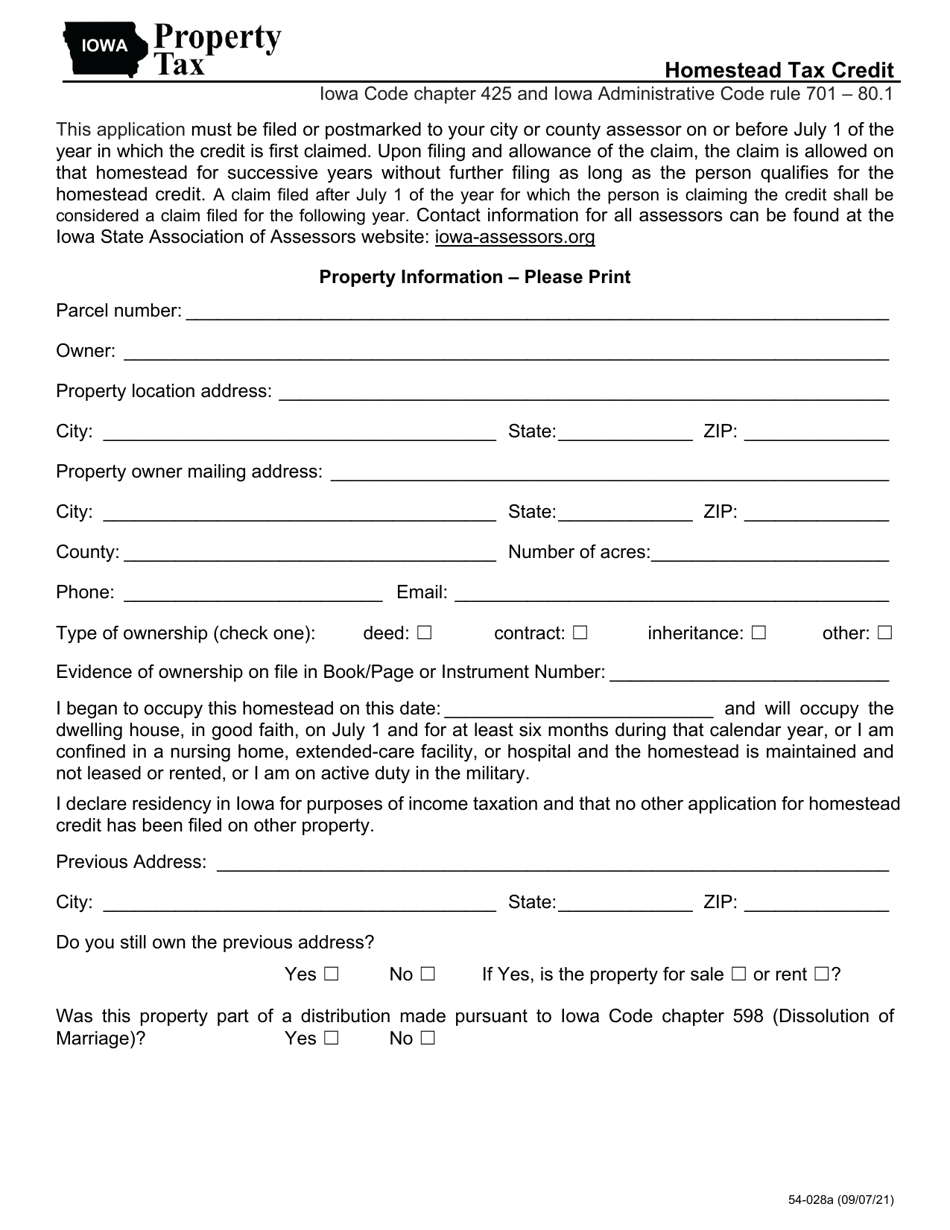 Form 54-028 Homestead Tax Credit Application - Iowa, Page 1