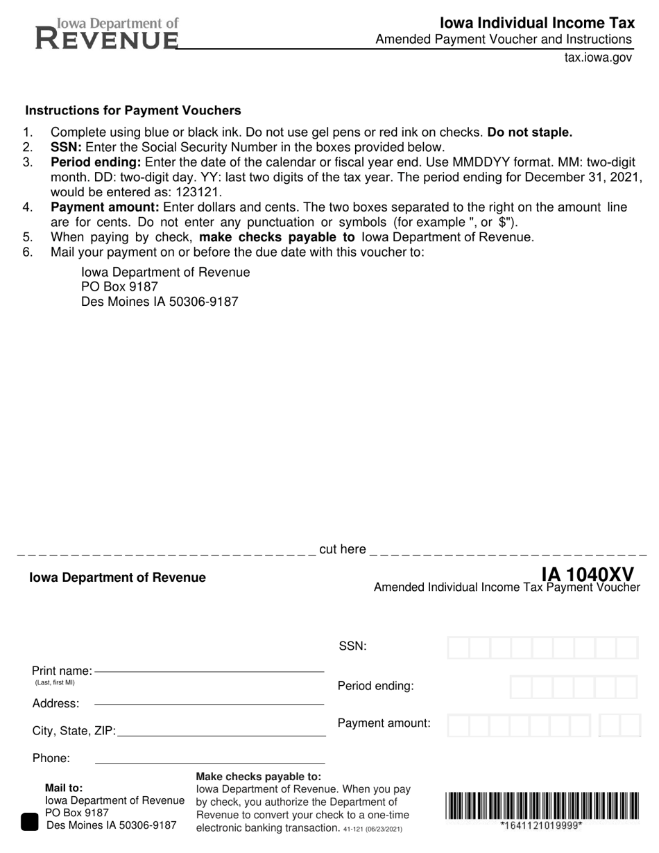 Form IA1040XV (41-121) Individual Income Tax Amended Payment Voucher - Iowa, Page 1