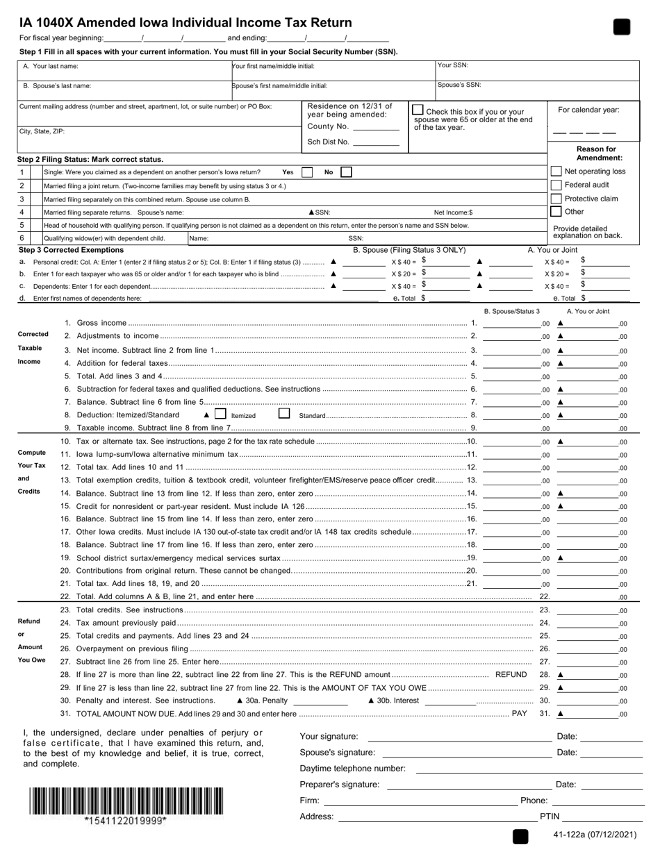 Form IA1040X (41-122) Amended Iowa Individual Income Tax Return - Iowa, Page 1