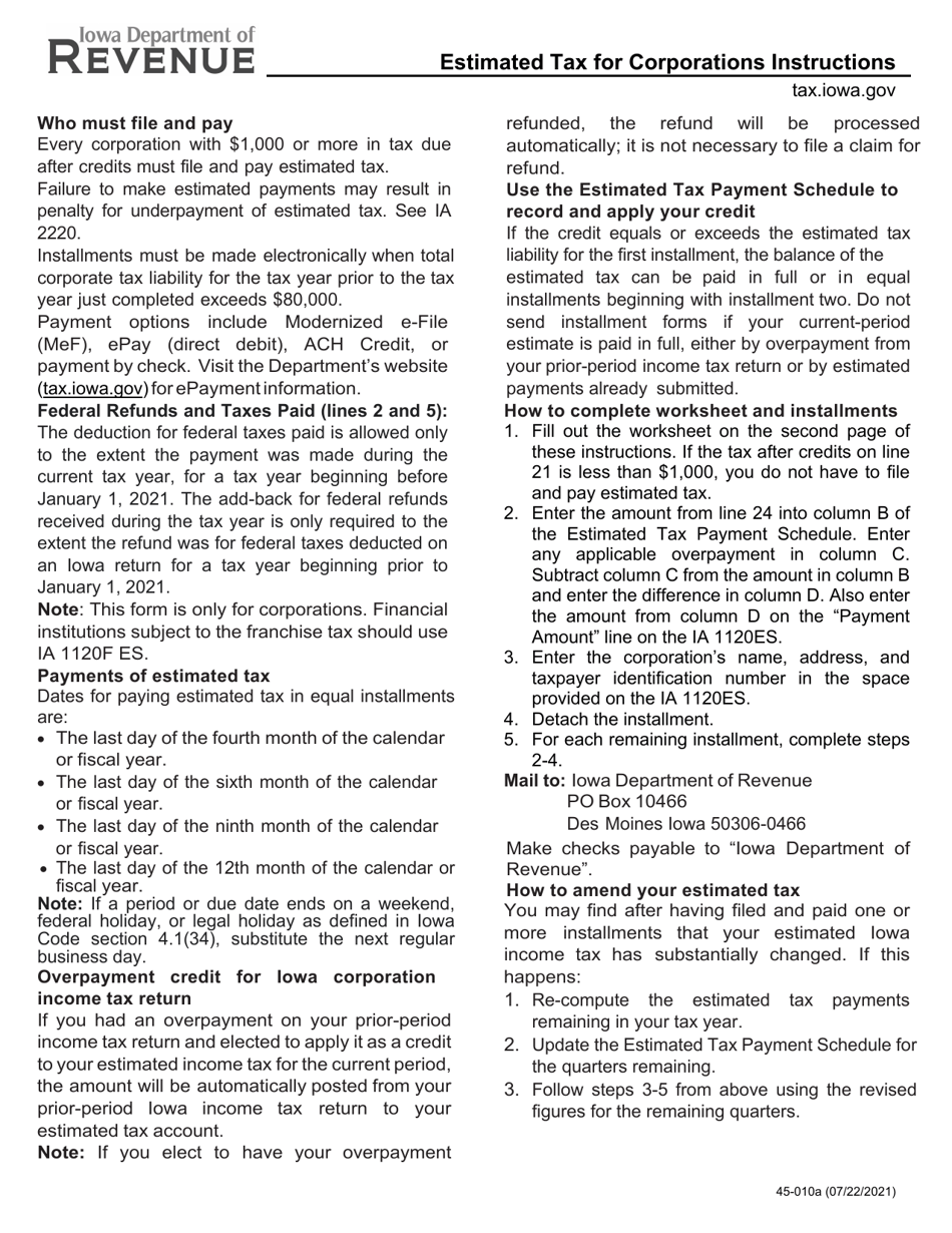 Form IA1120 (45-010) Estimated Tax for Corporations Instructions - Iowa, Page 1