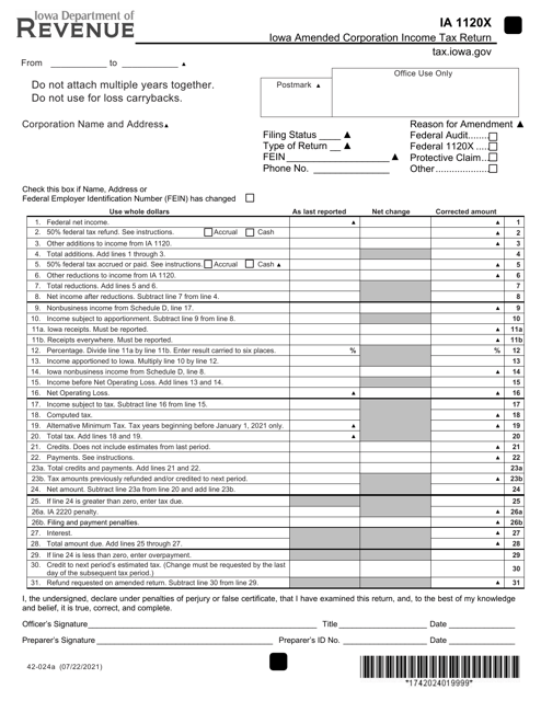 Form IA1120X (42-024) Iowa Amended Corporation Income Tax Return - Iowa