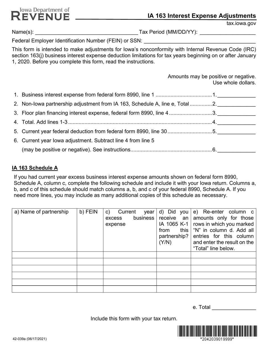 Form IA163 (42-039) Interest Expense Adjustments - Iowa, Page 1