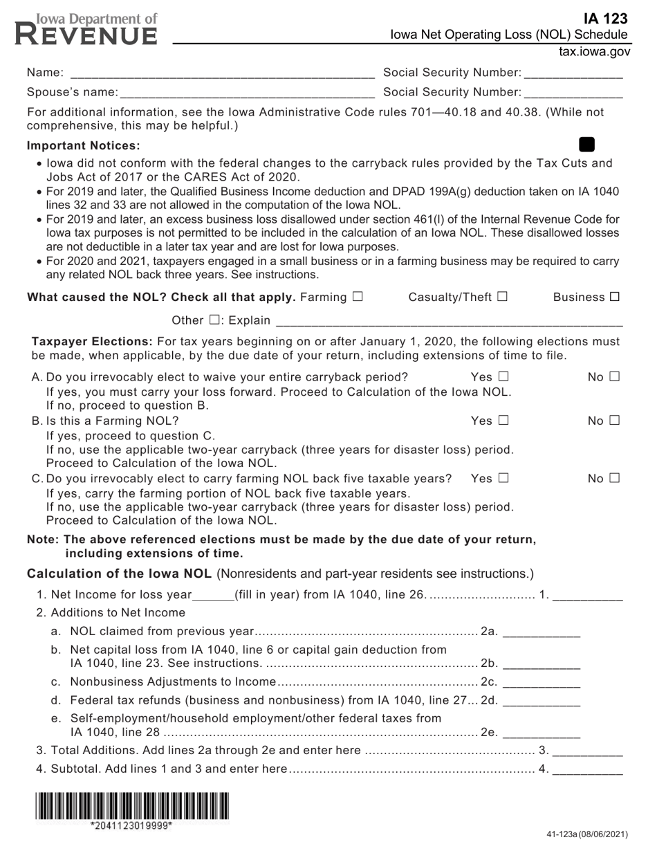 Form IA123 (41-123) Iowa Net Operating Loss (Nol) Schedule - Iowa, Page 1