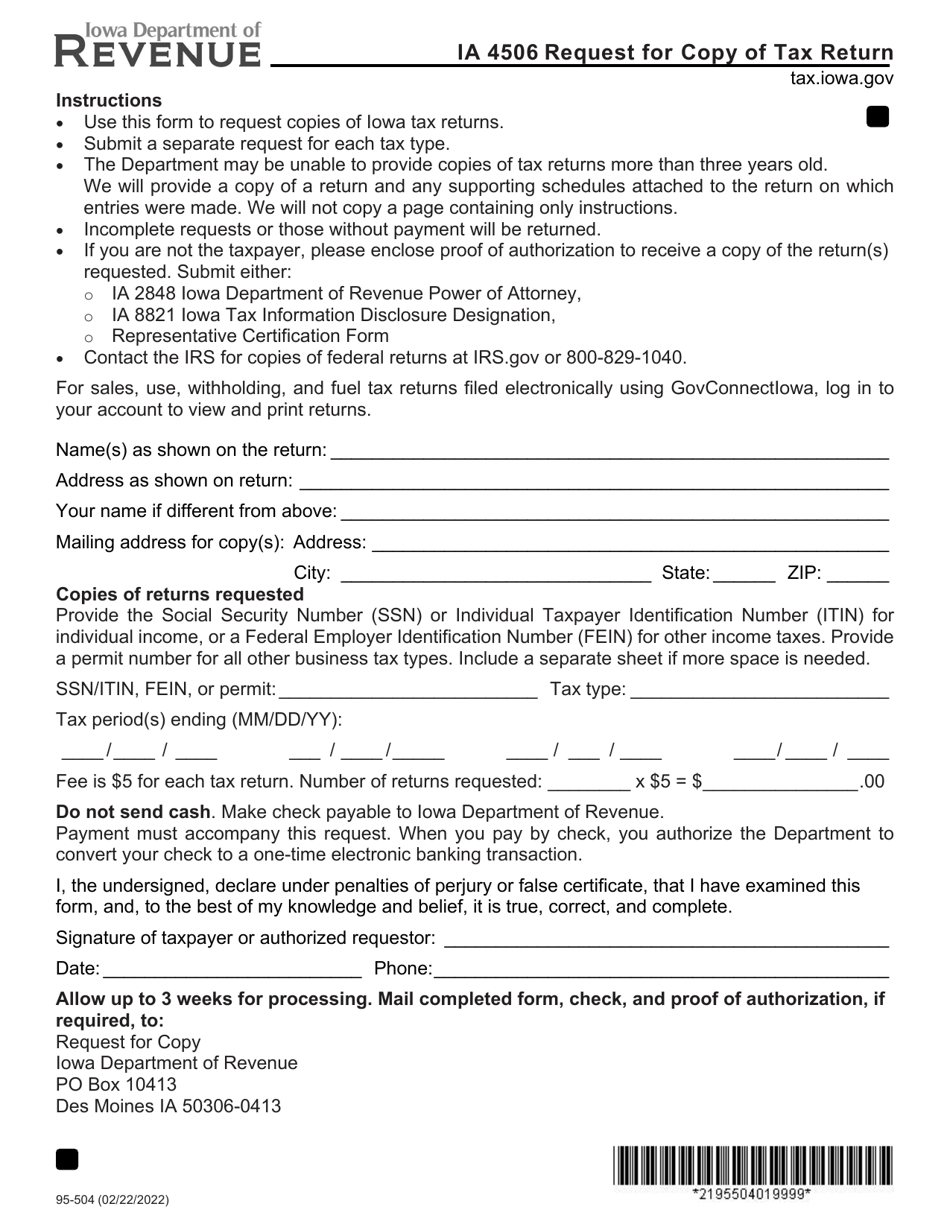 Form IA4506 (95-504) Request for Copy of Tax Return - Iowa, Page 1