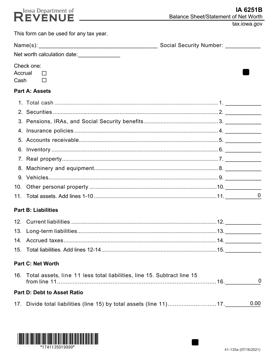 Form IA6251B (41-135) Balance Sheet / Statement of Net Worth - Iowa, Page 1