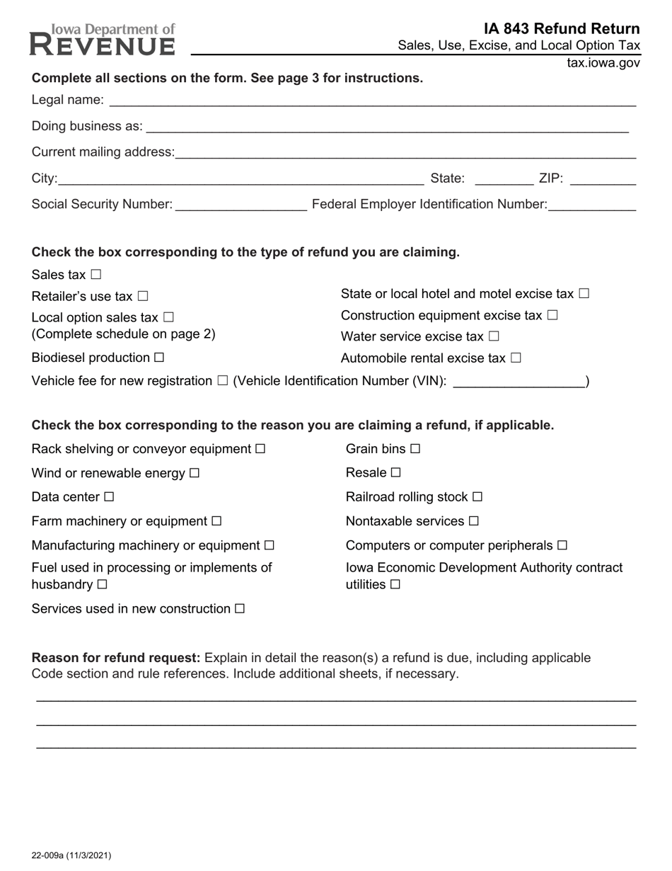 Form IA843 (22-009) Refund Return - Sales, Use, Excise, and Local Option Tax - Iowa, Page 1