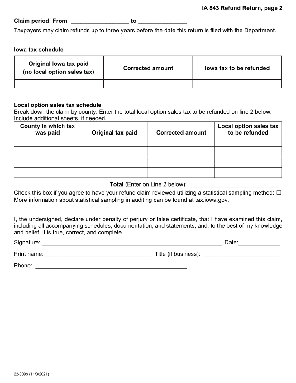 Form IA843 (22-009) Refund Return - Sales, Use, Excise, and Local Option Tax - Iowa, Page 2