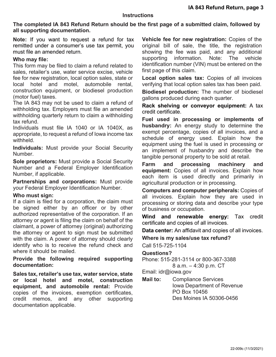Form IA843 (22-009) Refund Return - Sales, Use, Excise, and Local Option Tax - Iowa, Page 3