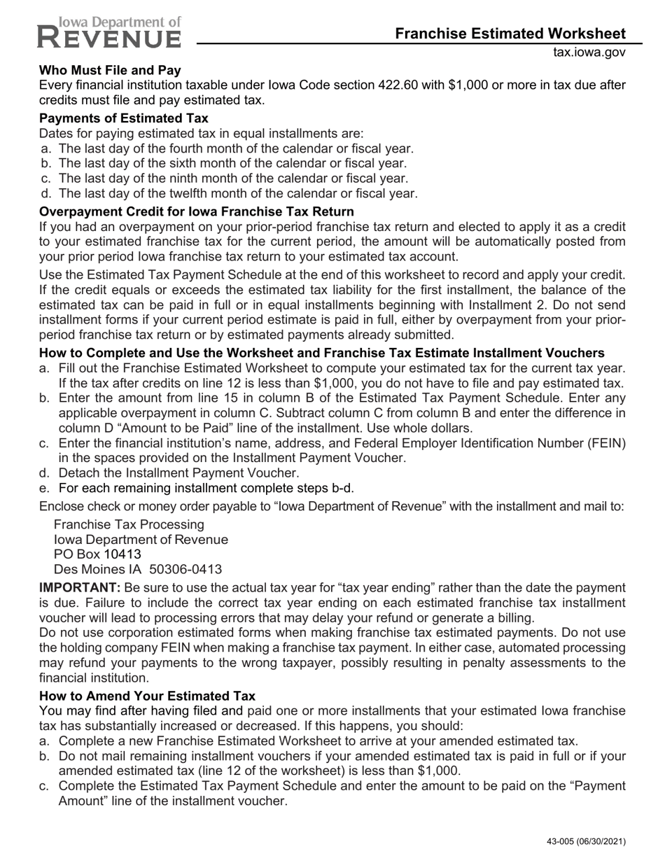 Form 43-005 Franchise Estimated Worksheet - Iowa, Page 1