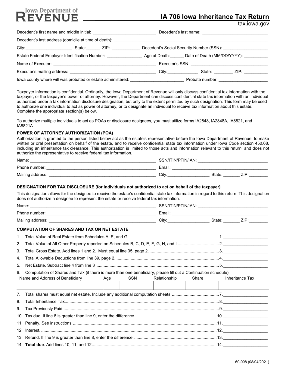 Form IA706 (60-008) Iowa Inheritance Tax Return - Iowa, Page 1