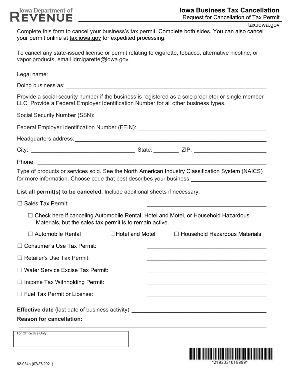 Form 92-034 Iowa Business Tax Cancellation - Request for Cancellation of Tax Permit - Iowa, Page 1