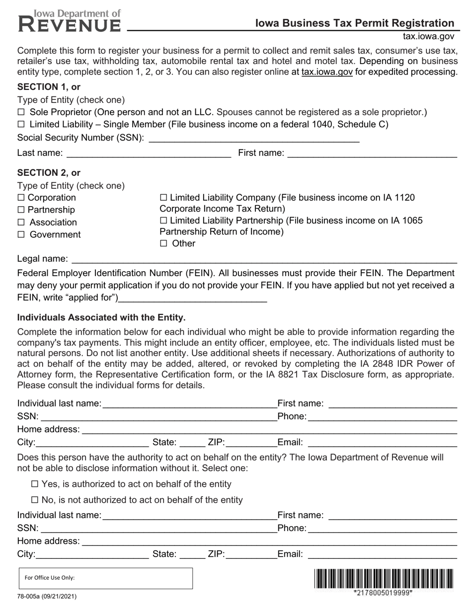Form 78-005 Iowa Business Tax Permit Registration - Iowa, Page 1