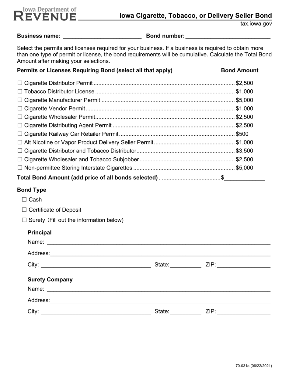 Form 70-031 Iowa Cigarette, Tobacco, or Delivery Seller Bond - Iowa, Page 1