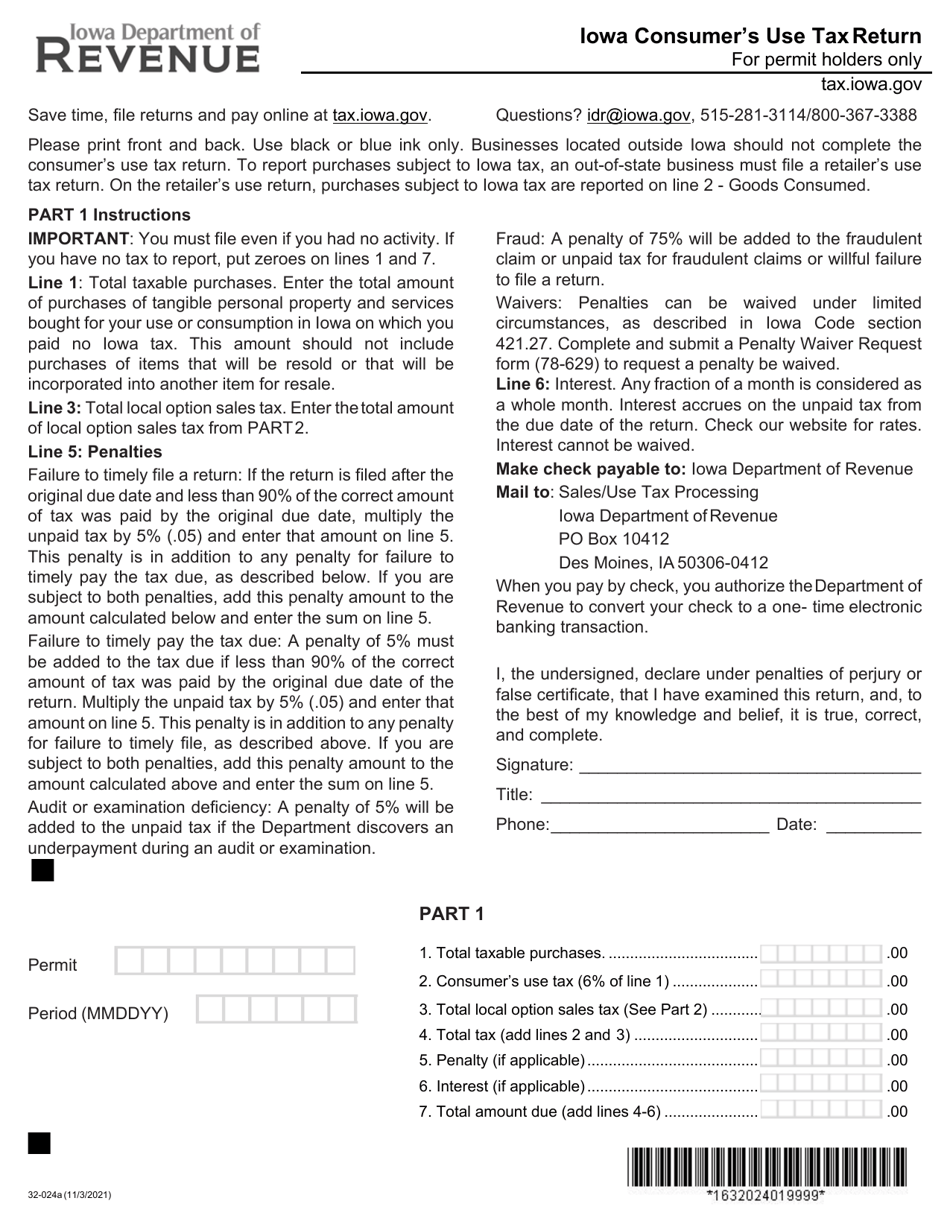 Form 32-024 Iowa Consumers Use Tax Return for Permit Holders Only - Iowa, Page 1