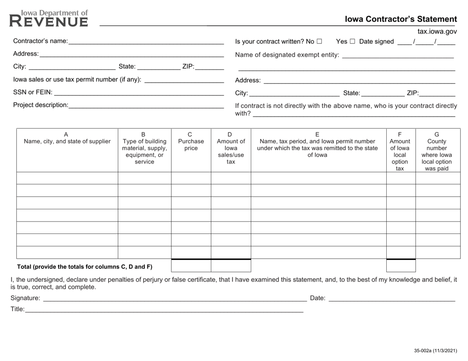 Form 35-002 Iowa Contractors Statement - Iowa, Page 1