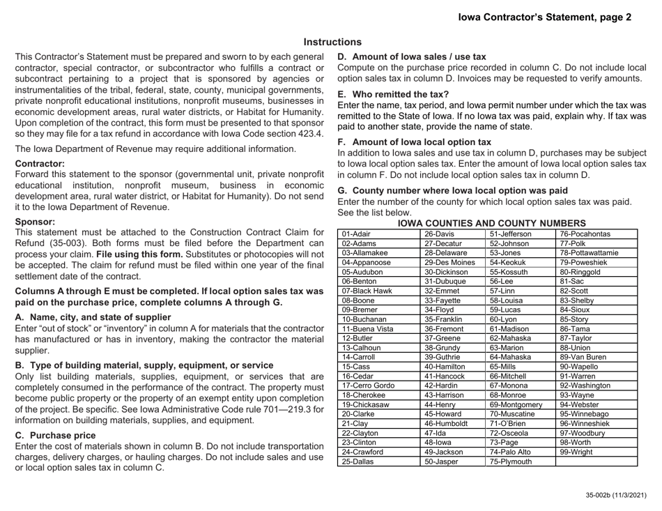 Form 35-002 Iowa Contractors Statement - Iowa, Page 2