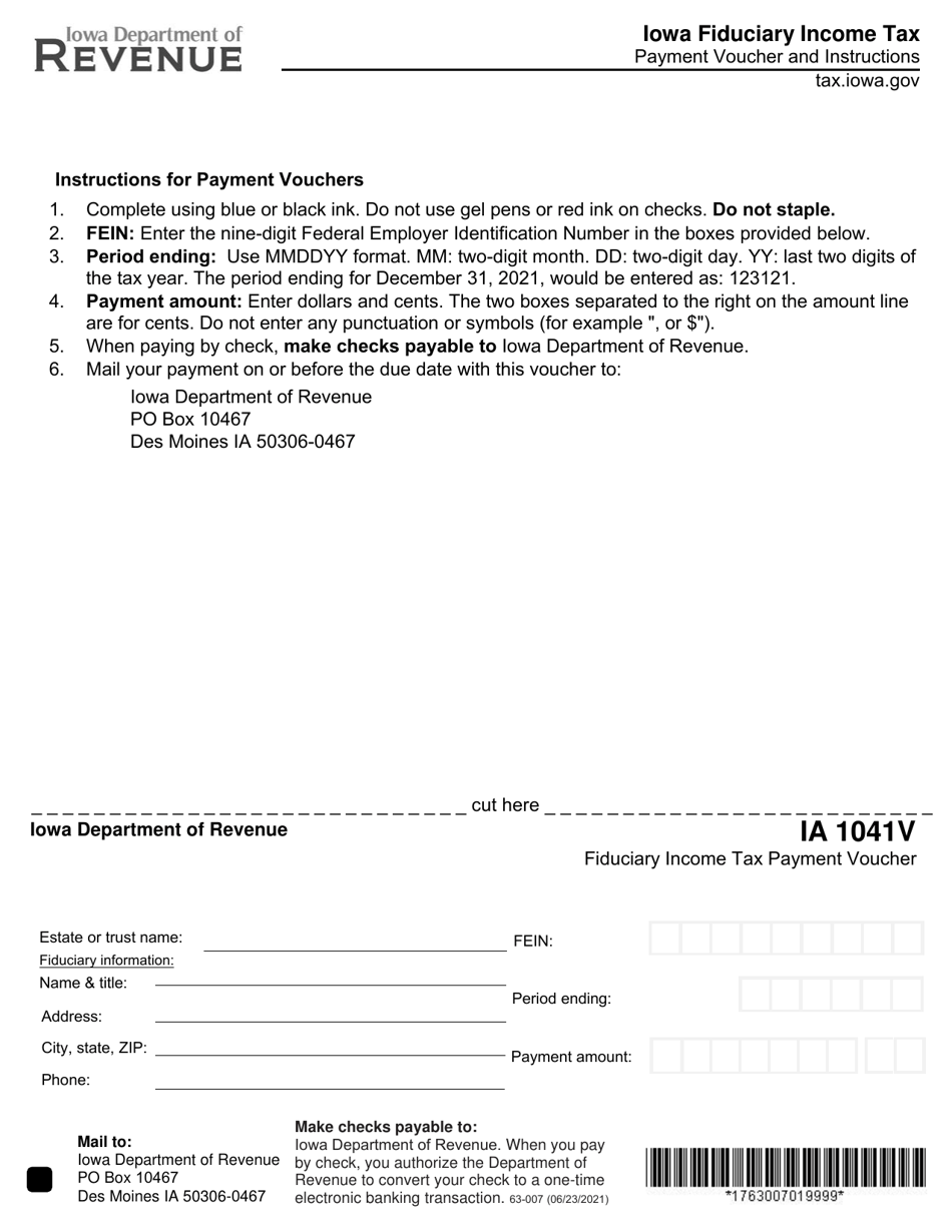 Form IA1041V (63-007) Iowa Fiduciary Income Tax Payment Voucher - Iowa, Page 1
