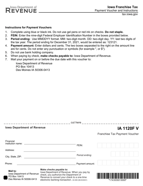 Form IA1120F V (43-009) Franchise Tax Payment Voucher - Iowa
