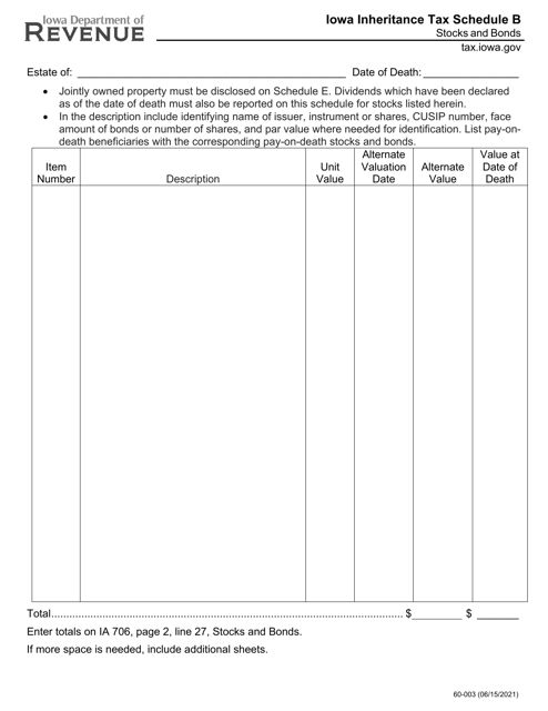 Form 60-003 Schedule B Iowa Inheritance Tax - Stocks and Bonds - Iowa